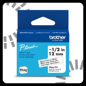 Brother Genuine P-Touch Btag BTAG231 Black on White Label Tape ~1/2in by 13.1ft (12mm x 4m)