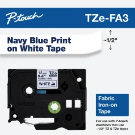 Brother TZeFA3 P-touch Navy Blue Print on White Fabric Label Tape